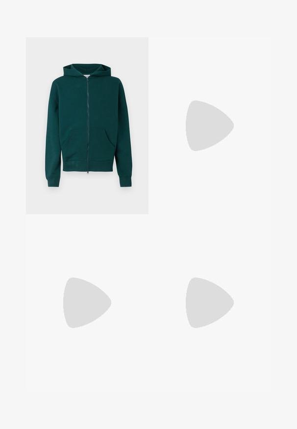 Green zip-up hoodie made of soft fabric, featuring a kangaroo pocket, ribbed cuffs, and a simple logo on the chest.; Three white ribbed tank tops made of cotton. Features a crew neck and small black labels near the hem. Available in multiple sizes.; Navy blue cargo pants made from denim, featuring a straight-leg design, front pockets, and gold-tone button accents.; Black leather loafer with a tasseled accent, featuring a chunky black sole and yellow stitching along the edge. Textured finish.; Metal chain necklace with elongated links in a dark gunmetal color. Features a geometric accent and clasp with branding detail.