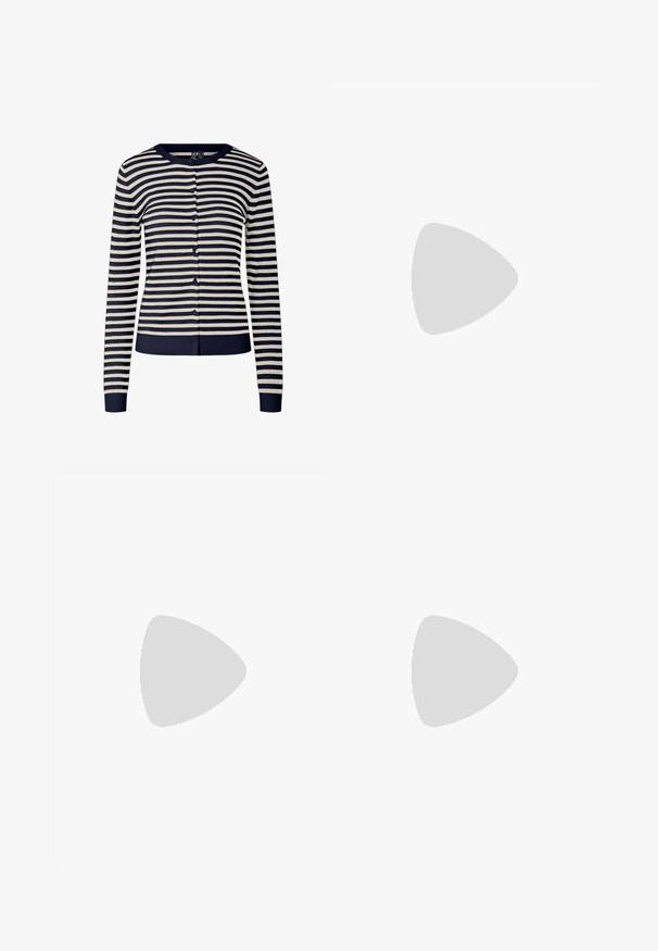 Καρντιγκάν με ρίγες σε ναυτικό μπλε και κρεμ, κατασκευασμένο από μαλακό πλεκτό υλικό, με στρογγυλή λαιμόκοψη, �μακριά μανίκια και κούμπωμα με κουμπιά μπροστά.; Λευκή πουκαμίσα με κουμπιά, φτιαγμένη από λείο βαμβάκι, με κλασικό γιακά, μακριά μανίκια και καμπυλωτό στρίφωμα. Τα κουμπιά είναι μικρά και λευκά.; Καφέ βαμβακερή φούστα Α-γραμμής με ψηλή μέση, που διαθέτει πτυχές μπροστά και λεία υφή. Οι τελειώματα στο στρίφωμα είναι καθαρά και απλά.; Μπορντό παρθένα δερμάτινα μπαλαρίνες με στρογγυλή μύτη, μικρή διακόσμηση φιόγκου στο μπροστινό μέρος και χαμηλή, μαύρη καουτσούκ σόλα. Λείος υφής.