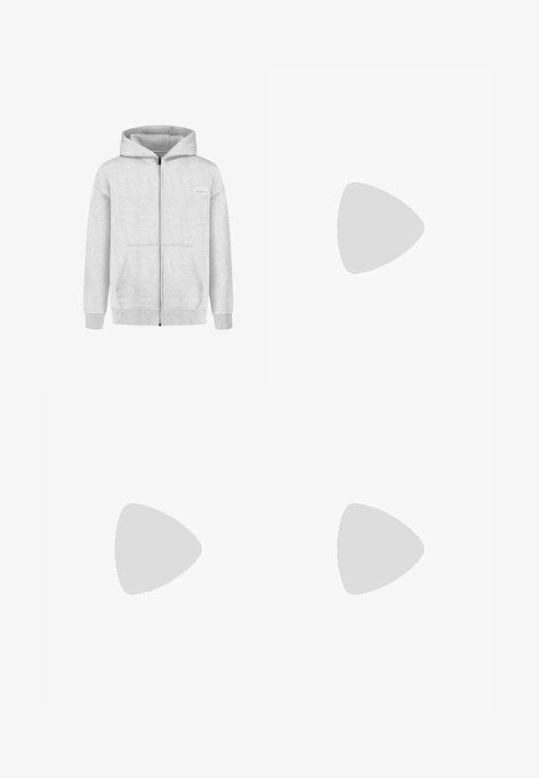 Šedá mikina na zip vyrobená z měkké tkaniny, která má přední zip, dvě boční kapsy a pružné manžety a lem. Malá logo nášivka na prsou.; Bílé triko z bavlny s krátkým rukávem, kulatým výstřihem, volným střihem a bez viditelných log či vzorů. Hladká textura a minimalistický design.; Kalhoty s vysokým pasem, volného střihu, vyrobené z vybledlého černého denimu. Mají pět kapes, poutka na opasek a čistý, rovný střih nohavic.; Šedé a bílé tenisky s svrškem z jemné kůže a kůže, kulatou špičkou, plochými tkaničkami a gumovou podrážkou s akcentem v barvě gumy.