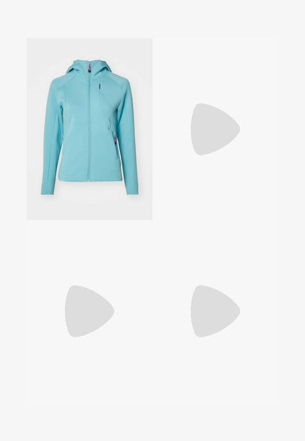 Svetlomodrá mikina na zips s predným vreckom, priliehavého strihu, rebrovanou textúrou a kapucňou, ktorá má ružové kovové doplnky na zips.; The North Face SHADOW LONG SLEEVE - Top s dlhým rukávom - white dune; Čierne vonkajšie nohavice vyrobené z odolného materiálu. Obsahujú vrecká na zips, zosilnené kolenné panely a rovný strih pre pohyblivosť.; Ľahká športová obuv Columbia v bielej sieťovine s textúrovanou šedou podrážkou a gumovou trakciou. Obsahuje polstrovaný golier a dizajn na šnurovanie.