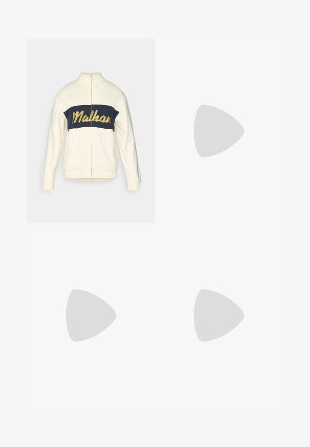 Cream zip-up jacket with high collar, navy horizontal color block featuring yellow "Malkar" text in script. Soft fabric with ribbed cuffs.; White short-sleeve athletic shirt made of smooth fabric. Features a crew neck and gray logo on the left chest, with side slits at the hem.; Light gray trousers with a straight cut, button closure, front pockets, and a smooth, textured fabric. Minimalist design, no patterns.; White athletic shoes with a smooth synthetic upper, blue accents, textured navy heel, and a lightweight, spiked sole for traction.