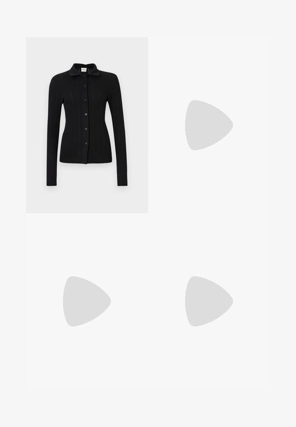 Black ribbed cardigan with a collar, long sleeves, and button front closure. Features a textured surface and fitted design.; White long-sleeve collared shirt made of cotton. Features a button-down front and a single chest pocket. Smooth texture, relaxed fit.; Black wide-leg trousers made of a smooth fabric, featuring a high waist, front pleats, a button closure, and a straight silhouette.; Black leather ballet flat with a rounded toe, smooth texture, minimal stitching detail, and a flexible sole design.