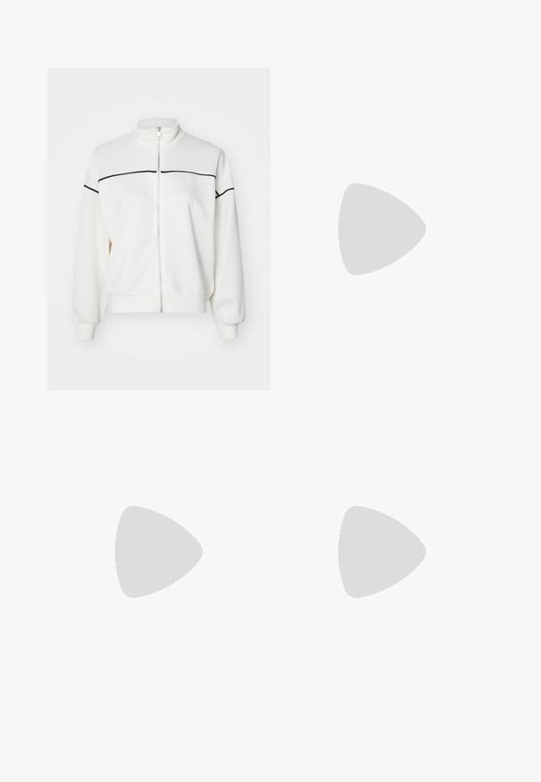 ONLY ONLLETT ZIP  - Sweater met rits - birch; Twee mouwloze tops in zwart en wit, gemaakt van geribbelde katoen, met ronde halslijnen en een getailleerd ontwerp. Labels zichtbaar op beide.; Lichtblauwe wijde spijkerbroek van denim, met een middellange taille, vijf zakken en een knoopsluiting met een slanke metalen accent.; Witte lage sneakers van glad canvas, met een rubberen zool en gouden veterogen. Heeft een gestructureerde neus en een merkelabel op de hak.