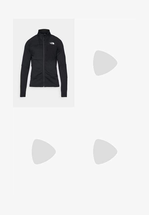 Veste noire zippée en tissu texturé, dotée d'un col montant, d'une poche et d'un logo sur l'épaule gauche.; T-shirt noir à manches courtes fabriqué en tissu léger. Dispose d'un logo blanc sur le côté gauche du torse, d'un col rond et d'une texture lisse.; Pantalon de sport noir avec une taille élastique, fabriqué en tissu léger, présentant un petit logo sur la jambe inférieure et un design de jambe droite.; Chaussure de trail running noire avec une tige texturée, semelle en caoutchouc et bout renforcé. Présente un col rembourré et une tirette pour un enfilage facile.