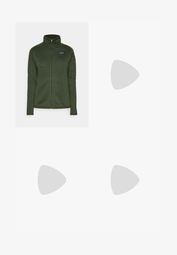 Patagonia BETTER SWEATER - Felpa con zip - torrey pine green; T-shirt in cotone nero con colletto rotondo e maniche corte. Presenta un logo bianco "Patagonia" sull'area sinistra del petto.; Leggings sportivi neri con vita alta, caratterizzati da un design testurizzato, pannelli grigi a contrasto, tasche laterali e polsini aderenti.; Columbia TERRASTRIDE CRZ - Scarpa da hiking - shark/black