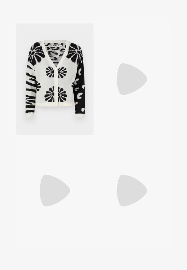 Cardigan à motifs noir et blanc avec un col en V, fermeture à boutons et ourlet côtelé. Présente des motifs floraux et abstraits sur l'ensemble.; T-shirt noir à manches courtes en tissu doux, avec un col rond et une coupe décontractée, au toucher lisse et sans motifs.; Jeans blancs taille haute avec une coupe large, en denim ; comportent cinq poches, des rivets en cuivre et une fermeture éclair.; Escarpins en cuir verni noir avec bout pointu et talon bloc géométrique. Présente un design élégant et minimaliste ainsi qu'une texture lisse.