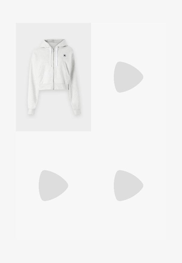 Grey cropped hoodie made of soft fabric, featuring a front zipper, white drawstrings, and a circular logo patch on the left chest.; Black cropped t-shirt made of cotton, featuring short sleeves, a round neckline, and a small white logo on the left chest.; Wide-leg denim jeans made from medium-weight blue cotton fabric. Features classic five-pocket design and a zip fly with button closure.; White leather sneaker with beige suede accents, perforated toe box, flat laces, and a textured cream sole. Features subtle branding on heel.