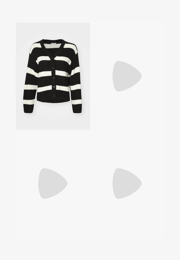 Cardigan tricotat cu dungi alb-negru, cu decolteu în V, închidere cu butoane pe față și mâneci lungi. Material texturat cu o croială lejeră.; Tricou alb din bumbac cu mâneci scurte tip bufantă, având mici embellisheuri argintii pe mâneci. Decolteu clasic rotund, croială lejeră.; Pantaloni largi negri cu un tiv volant, cu două buzunare laterale și un material neted, ușor. Fără modele vizibile sau accesorii.; Pantofii cu toc ascuțit din piele neagră, cu breteaua pentru glezne și toc gros. Textură netedă, design elegant și estetică minimală.