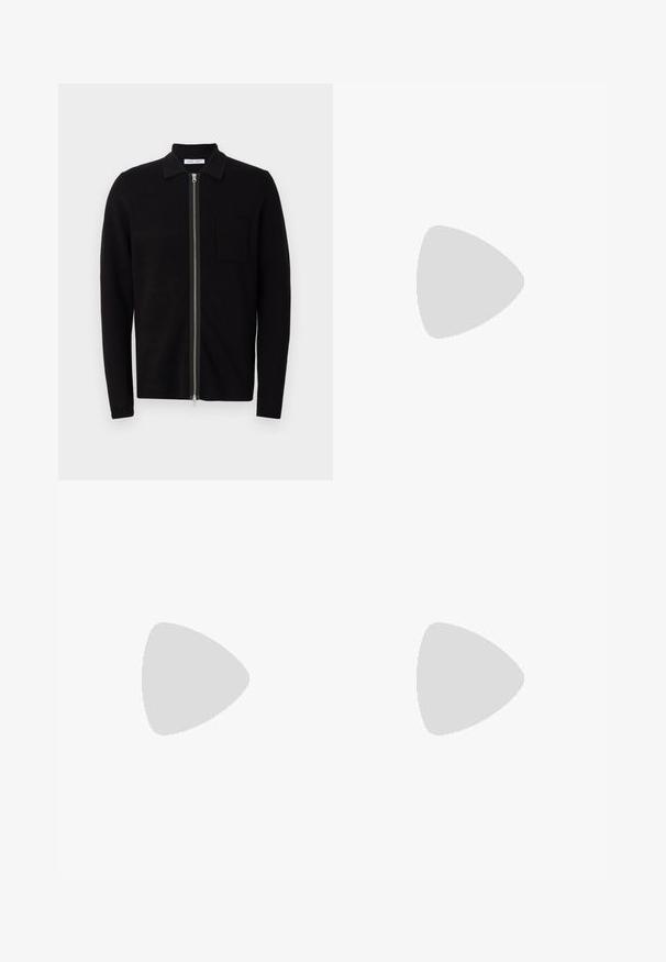 Black zip-up sweater with a collar and a chest pocket. Made from soft, textured fabric. Features a full-length zipper and long sleeves.; Two plain cotton T-shirts, one black placed in front of a white one, both with short sleeves and round necklines.; Black trousers with a smooth texture, featuring a straight cut, two front pockets, and a single button closure at the waist.; Black leather slip-on shoe with a rounded toe, stitched detailing, and black rubber sole. Smooth texture with minimalistic design.