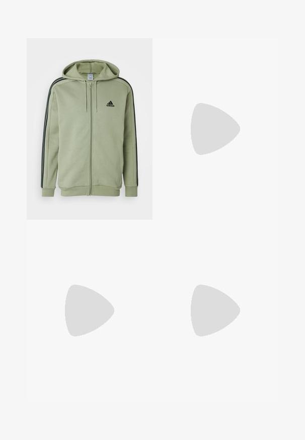adidas Sportswear ESSENTIALS 3 STRIPES FULL ZIP - Športna jopa s kapuco na zadrgo - tent green/black; Sivi atletski top brez rokavov, izdelan iz lahkega materiala, z okroglo ovratnikom in črnim logotipom blagovne znamke na levem delu prsnega koša.; Črne atletske hlače z raztegljivim pasom, belimi stranskimi črtami in majhnim belim logotipom na stegnu. Narejene so iz gladkega, lahkega materiala.; Črne atletske čevlje z strukturiranim mrežastim zgornjim delom, belimi poudarnimi črtami, oblazinjenim podplatom in ojačanim petnim delom za podporo.