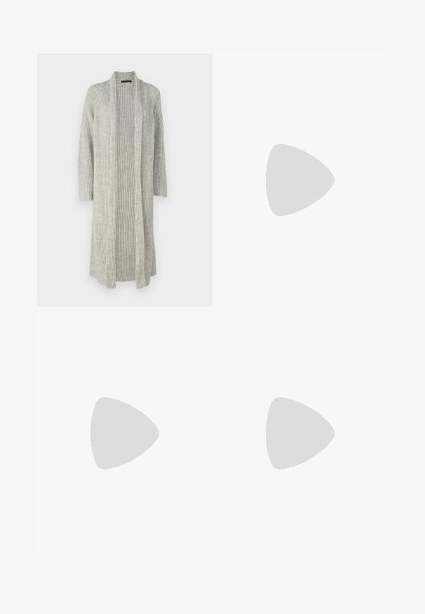 DRYKORN EILINA - Kardigán - grey; DRYKORN LILANI - Základné tričko - beige; Čierne široké nohavice vyrobené z hladkej tkaniny, s plochým predným dizajnom, plisovanými detailmi a pútkami na opasok v páse.; Biele lakkované vysoké podpätky s ostrou špičkou, úzkym podpätkom a čiernym interiérovým detajlom. Hladká textúra a elegantný dizajn.