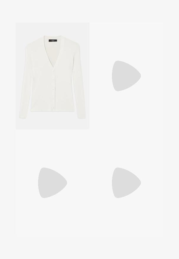 White ribbed cardigan with long sleeves, deep V-neck, and six button closures down the front. Soft texture and fitted design.; White ribbed tank top with a rounded neckline and wide shoulder straps, featuring a tag labeled "AGOLDE" and size "S."; White denim jeans featuring a straight-leg cut, five-pocket design, and metal hardware accents on the waistband and pockets.; White ribbed cropped t-shirt, light blue wide-leg jeans, and white sneakers. Holding a green and white striped tote bag.