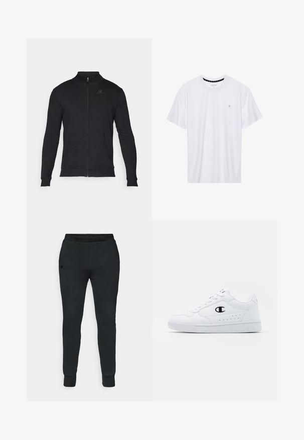 Black zip-up sweatshirt with a high collar, long sleeves, two front pockets, and a subtle logo on the chest. Smooth cotton texture.; White crewneck t-shirt made of cotton, featuring short sleeves and a small logo embroidered on the left chest area. Soft texture.; Black sweatpants featuring a tapered design, elastic waistband, ribbed cuffs, and a small logo on the front left hip. Soft fabric texture.; White athletic sneakers with a smooth synthetic upper, black logo accent, and perforated detailing on the side. Rubber sole.