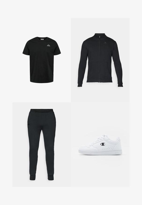 Must mustaga, kõrge kaelusega, pikkade varrukatega, kahe esise pihaga ja diskreetse logoga rinnal. Sile puuvillane tekstuur.; Kappa CAFERS - Lihtne T-särk - black; Mustad mustad, millel on kitsenev disain, elastne vöökoht, soonikute mansetid ja väike logo vasakul puusal. Pehme kangastekstuuri.; Valged spordijalatsid, millel on sile sünteetiline pealmine osa, must logo aktsent ja perforatsioonid külgedel. Kummikreen.