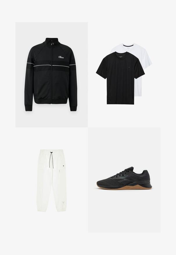 Czarna kurtka sportowa z wysokim kołnierzem, z zamkiem błyskawicznym z przodu i białymi paskami akcentującymi na klatce piersiowej. Zawiera logo po lewej stronie.; Dwie koszulki z okrągłym dekoltem, jedna czarna, a druga biała, wykonane z miękkiego materiału. Każda z nich ma krótkie rękawy oraz minimalistyczny design z logo na piersi.; Białe, lekkie dresy z elastycznym paskiem w talii i sznurkiem. Posiadają zwężane mankiety i boczne kieszenie. Udekorowane czarnym logo.; Czarny but sportowy z teksturowaną górą z siateczki, gumową podeszwą i charakterystyczną podeszwą gumową. Posiada sznurowane zapięcie i subtelną markę.