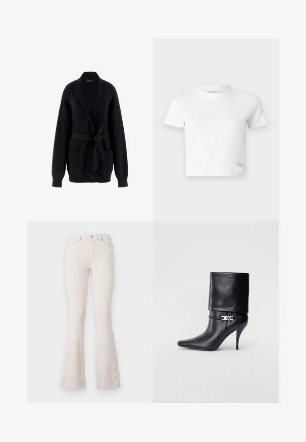 Cardigan nero a maglia con collo a scialle, maniche lunghe, ampie tasche frontali e cintura legata in vita. Presenta polsini e orlo a coste.; T-shirt cropped bianco realizzato in cotone liscio, con un collo alto e maniche corte. Piccolo logo ricamato nell'angolo inferiore.; Pantaloni a zampa d'elefante in corda beige con vita alta, dotati di chiusura con bottone metallico, passanti per cintura e texture a righe visibili in tutta la superficie.; Stivale ankle in pelle nera con punta affusolata, alto tacco a stiletto, risvolto sulla caviglia e un elegante dettaglio in oro con fibbia decorativa.