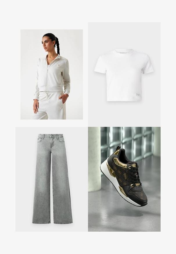 Bela zip-up jakna z diskretnim vzorcem, rebrastimi manšetami in ovratnikom. Ima majhen trikotni logotip na prsih. Usklajena z ustreznimi hlačami.; Bela skrajšana majica iz gladkega bombaža, z visokim ovratnikom in kratkimi rokavi. Majhen vezen logotip v spodnjem kotu.; Sive široke hlače iz denima, ki imajo pet žepov, visoko pas in rahlo zbledel videz z vidnimi šivi.; Črne superge z zlatimi poudarki, ki imajo teksturiran vzorec logotipa, kovinske detajle in udoben bel podplat.