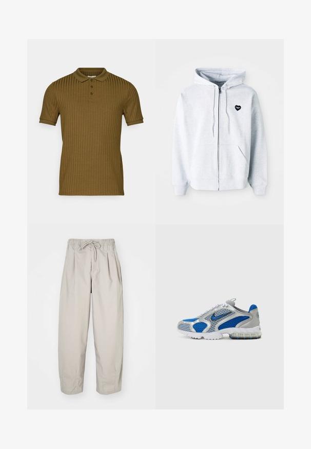 Grauer Zip-Hoodie aus weichem Stoff, mit einem herzförmigen schwarzen Logo auf der linken Brust und Kängurutaschen.; Rippiertes Polo-Shirt mit kurzen Ärmeln in Olivgrün, klassischem Kragen und einer Drei-Knopf-Leiste. Weicher Stoff und taillierte Silhouette.; Beige, leichte Hose mit elastischem Bund und Zugband. Sie verfügt über Falten und eine lockere Passform, gefertigt aus weichem, glattem Stoff.; Blaue und silberne Sportschuhe mit Mesh-Einsätzen, einem gepolsterten Kragen und einer durchsichtigen Sohle mit blauen Akzenten. Kontrastierende Schnürsenkel runden das Design ab.