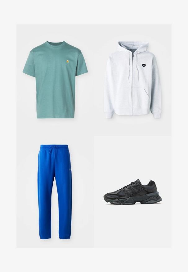 Šedá mikina se zipem vyrobená z měkké tkaniny, s černým logem ve tvaru srdce na levé části hrudi a klokaními kapsami.; Bavlněné tričko v barvě modrozelené, krátké rukávy, kulatý výstřih, s malým žlutým logem na levé straně hrudi. Texturovaná tkanina s hladkým povrchem.; Modré tepláky vyrobené z měkké látky, s elastickým pasem na šňůrku, zúženými nohavicemi a malým logem na boku.; Černá běžecká bota s kombinací síťoviny a syntetických materiálů, masivní podešev, zakřivený design a výrazné logo na boku.