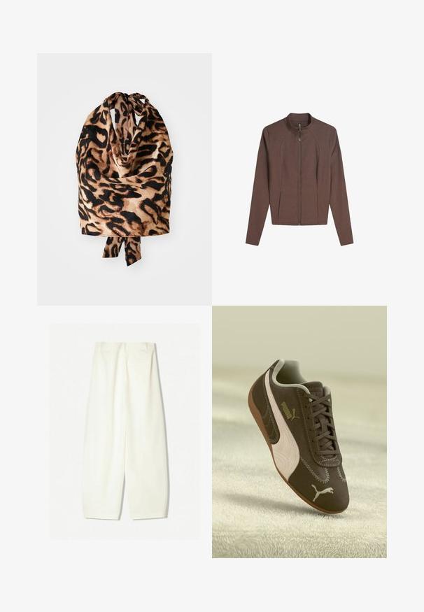 Barna, hosszú ujjú dzseki teljes elől zipperrel, álló gallérral és két elülső zsebbel, fehér háttérre fektetve.; Leopárdmintás sál, könnyű, selymes textúrával, fekete és bézs árnyalatokban; a tetején egy kis masnival megkötve.; Széles szárú br ifatóg a puha krém színű anyagból, sima textúrával, elülső zsebekkel és laza szabással, közepes derékszabással.; Barna Puma sportcipő bézs csíkkal és logóval, fűzős, egy textúrált bézs felületen pihen.