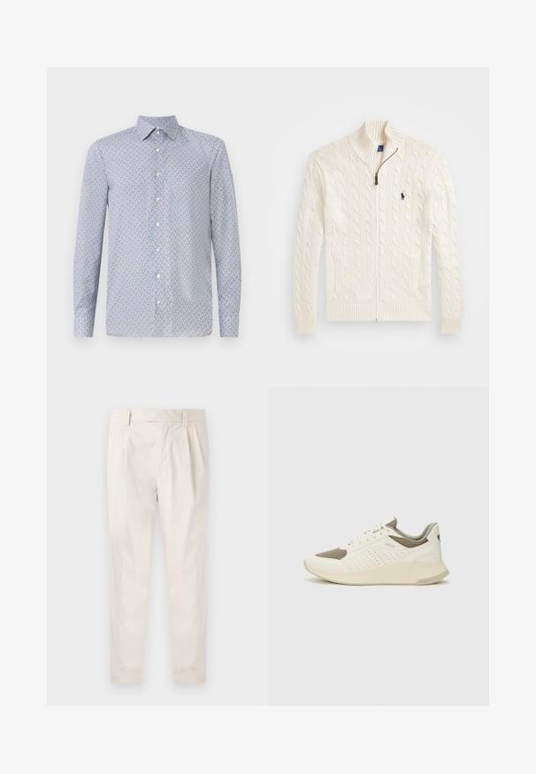 Stickad vit tröja med hög krage, flätmönster, dragkedja och ribbade ärmslut. Den har två framfickor och en liten logotyp på bröstet.; Ljust blå skjorta med knappar och ett geometriskt mönster i röd och marinblå. Har en spetsig krage och långa ärmar. Tillverkad av ett mjukt tyg.; Vita, plisserade byxor med skräddarsydd passform, med en mjuk yta, bälteshängare och avsmalnande ben. Inga synliga fickor eller mönster.; Vit och ljusbeige atletisk sneaker med ett meshöverdrag, perforerade detaljer och en texturerad mellansula med varumärke på hälen.