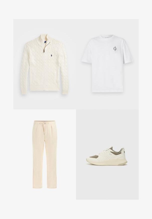 Pulover alb tricotat cu guler înalt, model cu cabluri, închidere cu fermoar și mansete cu elastic. Dispune de două buzunare frontale și un mic logo pe piept.; Tricou alb din bumbac cu o croială lejeră, având un mic logo grafic negru în zona stângă a pieptului. Mâneci scurte, stil guler rotund.; Pantaloni de trening bej, confecționați dintr-un material moale, cu talie elastică, șnur și buzunare laterale. Design cu tiv drept, având o textură netedă.; Tenis sportivi alb și bej deschis, cu un înveliș din plasă, detalii perforate și o talpă intermediară texturată, având marcaj pe călcâi.