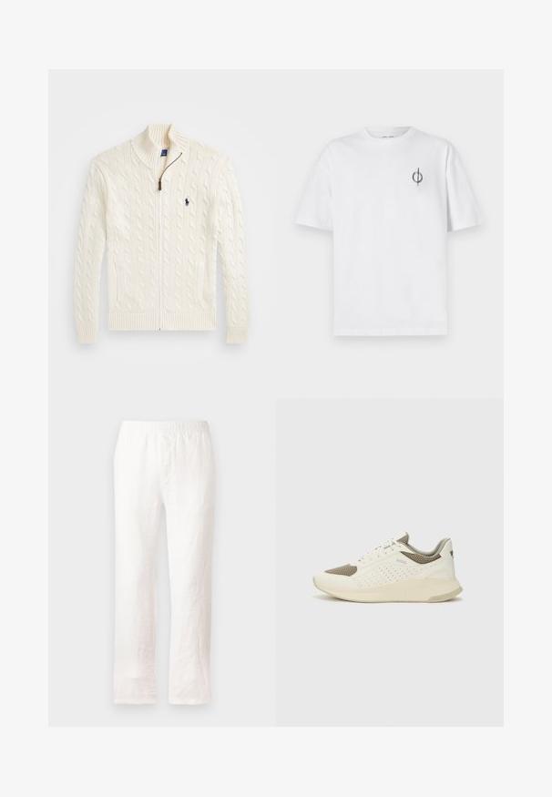 Pletena bela jopica z visokim ovratnikom, kabelskim vzorcem, zadrgo in rebrastimi manšetami. Ima dva sprednja žepa in majhno logotip na prsih.; Bela bombažna majica s sproščenim krojem, ki ima majhen črn grafični logotip na levem prsnem delu. Kratke rokave, okrogel izrez.; Vale bela krila z elastiko v pasu, ravna nogavica in rahlo teksturirana tkanina. Brez vzorcev ali dodatnih podrobnosti.; Beli in svetlo bež športni copat, s mrežastim zgornjim delom, perforiranimi detajli in teksturirano srednjim delom z blagovno znamko na peti.