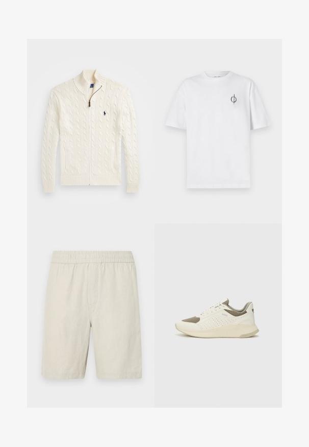 Valge kudumeste sviiter kõrge kraega, nöörmustri ja tõmblukuga, ribakätistega. Esipoolt kahte taskut ja rinna peal väike logo.; Valge puuvillane t-särk lõdva sobivusega, millel on vasakul rinnal väike must graafiline logo. Lühikesed varrukad, ümmargune kaelus.; Bežist linane lühikesed püksid elastse taljega, sujuva tekstuuri ja otsekärpimisega disainiga, mis ulatub just üle põlvede.; Valge ja heledat beeži värvi spordijalats, millel on õhuke võrkmaterjal, perforatsioonidega detailid ning tekstuuriga vahetald, millel on brändi logo kannaosas.