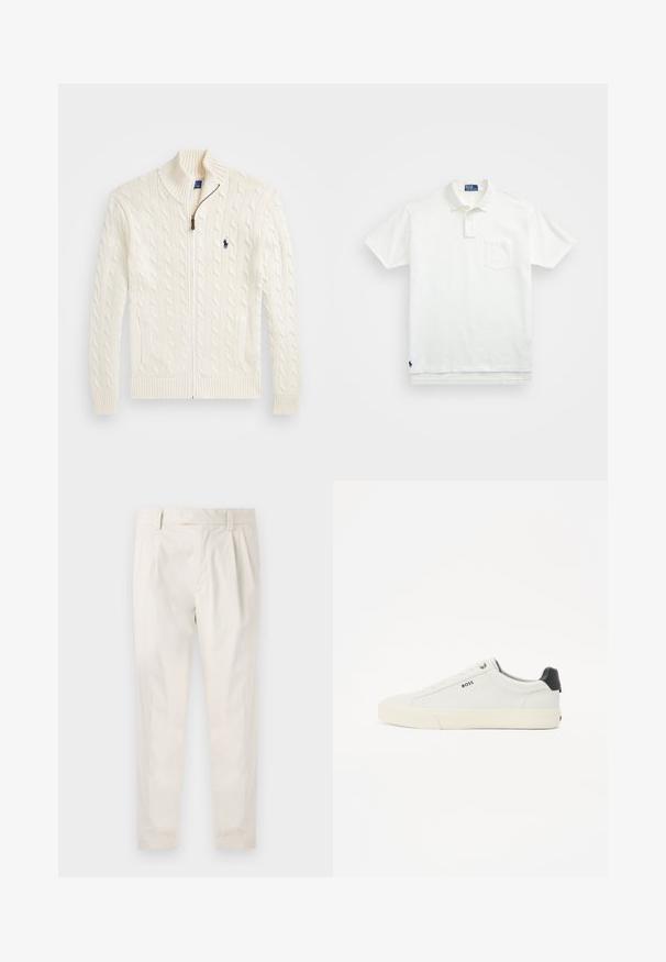 Fehér kötött pulóver magas gallérral, kábelmintázattal, cipzáros záródással és bordázott mandzsettával. Két előlapi zsebbel és egy kis logóval a mellkason.; Fehér pólóing, pamutból készült, klasszikus gallérral, háromgombos végigfutóval és bal oldali zsebével; kis logó a szegélyen.; Fehér, pliszírozott nadrág, testre szabott szabással, sima felülettel, övhurkokkal és karcsú lábszárral. Nincs látható zseb vagy minta.; Fehér bőrsneaker texturált felülettel, fekete sarokkal, kerek orral és fekete márkajelzéssel az oldalán. Könnyű gumitalp.