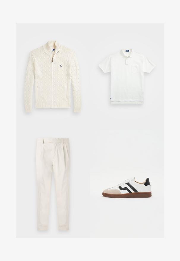 Biały sweter robiony na drutach z wysokim kołnierzem, wzorem w warkocze, z zapięciem na zamek i ściągaczami. Posiada dwie przednie kieszenie oraz małe logo na klatce piersiowej.; Biała koszulka polo wykonana z bawełny, z klasycznym kołnierzykiem, trzema guzikami oraz kieszonką na lewym piersi; małe logo na dolnym brzegu.; Białe, plisowane spodnie o dopasowanym kroju, z gładką fakturą, szlufkami na pasek i zwężanymi nogawkami. Brak widocznych kieszeni lub wzorów.; Białe trampki z czarnymi akcentami, zamszowym czubkiem i brązową gumową podeszwą. Gładka skórzana cholewka o zaokrąglonym kształcie.