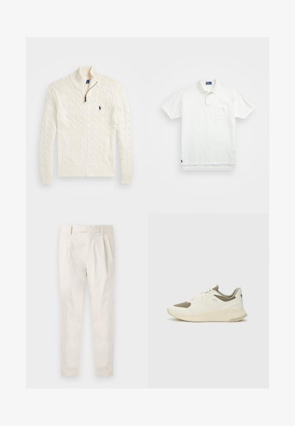 Pletena bela jopica z visokim ovratnikom, kabelskim vzorcem, zadrgo in rebrastimi manšetami. Ima dva sprednja žepa in majhno logotip na prsih.; Bela polo majica iz bombaža, z klasičnim ovratnikom, trojnim gumbom in žepom na levi strani prsnega predela; majhna blagovna znamka na robu.; Bele, plisirane hlače s krojenim prileganjem, z gladko teksturo, z zankami za pas in ožjimi hlačnicami. Brez vidnih žepov ali vzorcev.; Beli in svetlo bež športni copat, s mrežastim zgornjim delom, perforiranimi detajli in teksturirano srednjim delom z blagovno znamko na peti.