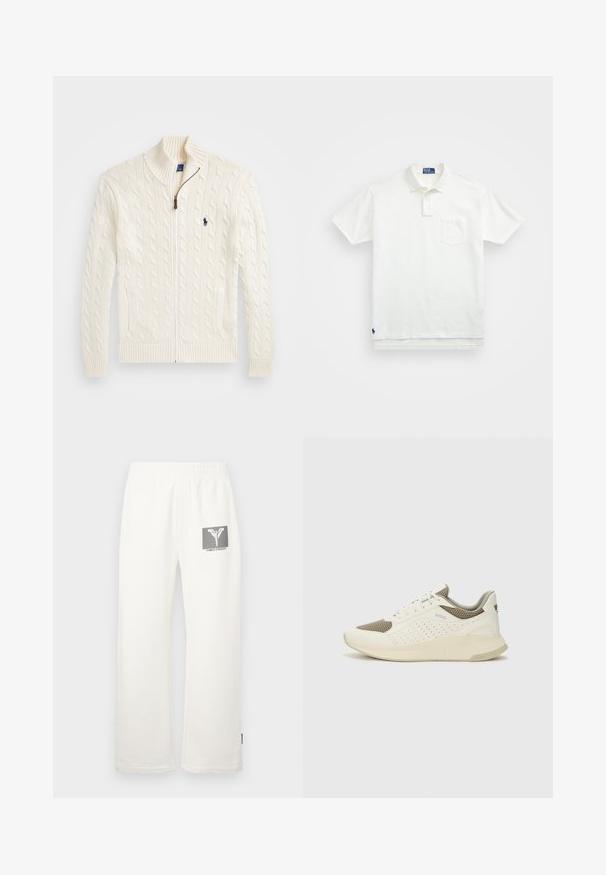 Witte gebreide trui met een hoge kraag, kabelpatroon, ritssluiting en geribde manchetten. Voorzien van twee voorzakken en een klein logo op de borst.; Witte poloshirt van katoen, met een klassieke kraag, een knoopsluiting met drie knopen en een borstzak aan de linkerkant; klein logo aan de onderrand.; Witte katoenen sweatpants met een elastische tailleband, met een grafische logopatch in zwart en grijs aan de linkerkant.; Witte en lichtbeige sport sneaker, met een bovenwerk van mesh, geperforeerde details en een gestructureerde tussenzool met branding op de hiel.