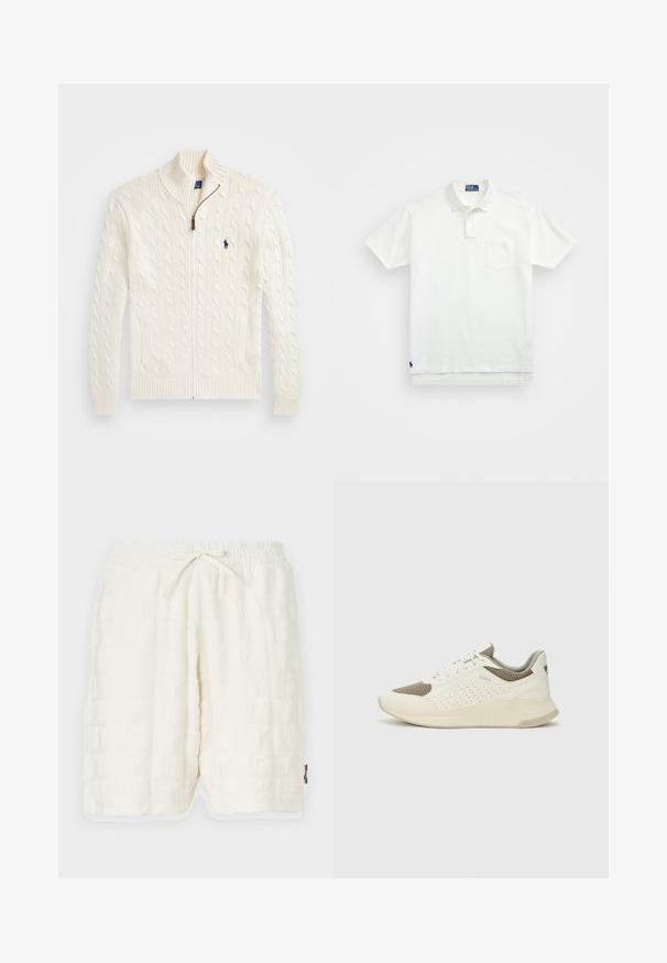 Maglione bianco lavorato a maglia con colletto alto, motivo a trecce, chiusura con zip e polsini a costine. Dotato di due tasche frontali e di un piccolo logo sul petto.; Polo bianco in cotone, con colletto classico, placca con tre bottoni e taschino sul lato sinistro del petto; piccolo logo sull'orlo.; Pantaloncini bianchi strutturati con un motivo a rilievo. Vita elastica con cordoncino. Tasche laterali e rifiniture a contrasto sull'orlo.; Sneaker atletica bianca e beige chiaro, con tomaia in mesh, dettagli perforati e una suola intermedia texturizzata con marchio sul tallone.