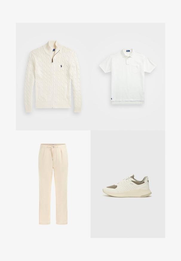 Witte gebreide trui met een hoge kraag, kabelpatroon, ritssluiting en geribde manchetten. Voorzien van twee voorzakken en een klein logo op de borst.; Witte poloshirt van katoen, met een klassieke kraag, een knoopsluiting met drie knopen en een borstzak aan de linkerkant; klein logo aan de onderrand.; Beige sweatpants gemaakt van zacht materiaal met een elastische tailleband, trekkoord en zijzakken. Rechte pijpen met een gladde textuur.; Witte en lichtbeige sport sneaker, met een bovenwerk van mesh, geperforeerde details en een gestructureerde tussenzool met branding op de hiel.