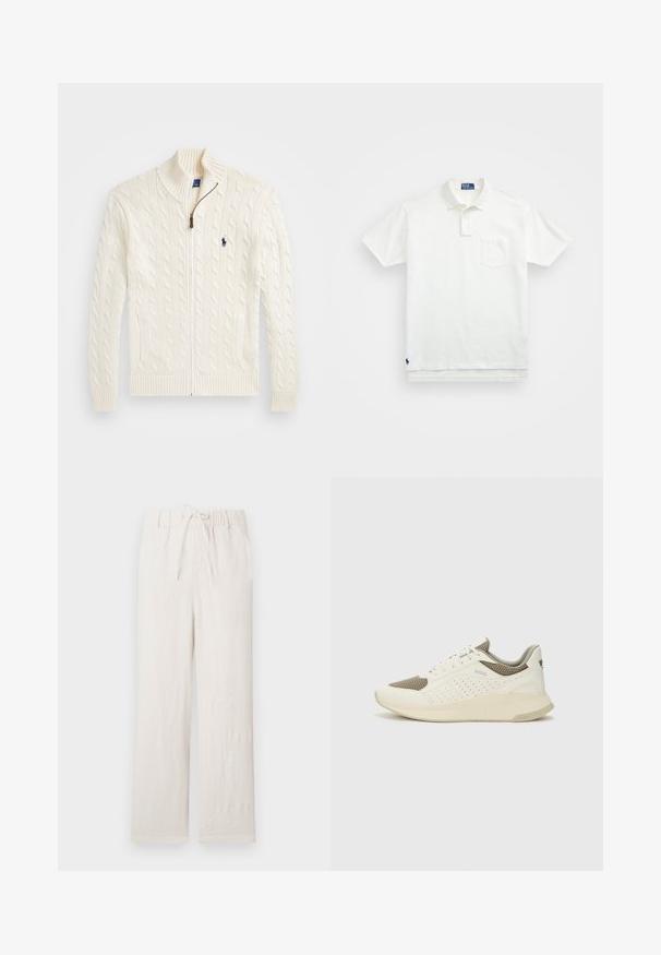 Biely pletený sveter s vysokým golierom, káblovým vzorom, zipsovým zapínaním a rebrovanými manžetami. Obsahuje dve predné vrecká a malé logo na hrudi.; Biela polo tričko vyrobené z bavlny, s klasickým golierom, trojbuttonovou légou a vreckom na ľavej hrudi; malé logo na spodnom leme.; Svetlé béžové ľanové nohavice s elastickým pásom, šnúrkou na stiahnutie, širokým strihom, hladkou textúrou a bez viditeľných vzorov či kovania.; Biele a svetlo béžové športové tenisky s hornou časťou z mriežkového materiálu, perforovanými detailmi a textúrovanou medzipodrážkou s logom na päte.