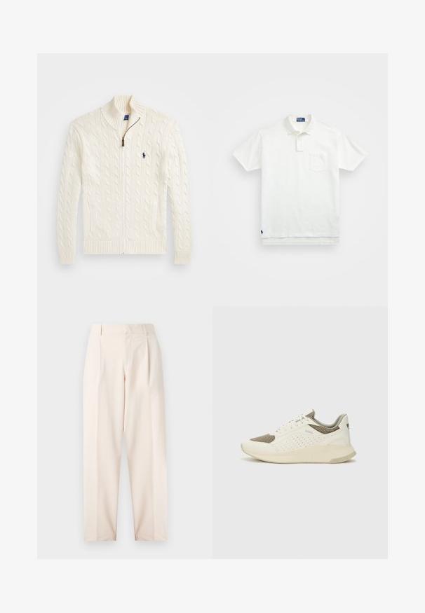 Bijela pletena majica s visokim ovratnikom, kabelskim uzorkom, patentnim zatvaračem i rebrastim manžetama. Ima dva prednja džepa i mali logotip na prsima.; Bijela polo majica napravljena od pamuka, s klasičnom ovratnikom, trodijelnim zakopčavanjem i džepom na lijevoj strani prsiju; mali logo na rubu.; Bež hlače s visokim strukom, plitkim nabranim detaljima i ravnim nogavicama. Izrađene od glatkog materijala s bočnim džepovima i jednostavnim završetkom.; Bijele i svijetlosmeđe sportske tenisice, sa mrežastim gornjim dijelom, perforiranim detaljima i teksturiranim međutrakom sa brendom na peti.
