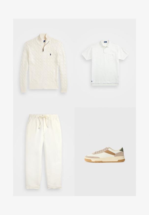 Valge kudumeste sviiter kõrge kraega, nöörmustri ja tõmblukuga, ribakätistega. Esipoolt kahte taskut ja rinna peal väike logo.; Valge polo särk, mis on valmistatud puuvillast, klassikalise kraega, kolme nööbiga kinnitusega ja vasakul rinnal taskuga; väike logo helmel.; Hele kreemjad, mugavad püksid pehmest kangast. Omavad elastset vöökohta stringiga ning kitsenevat jala disaini.; Beige, kreemi ja oliivroheline spordijalats, mis on valmistatud nahast ja sametmaterjalist, ringikujulise varbaga, minimalistliku disainiga ja kummist tallaga.