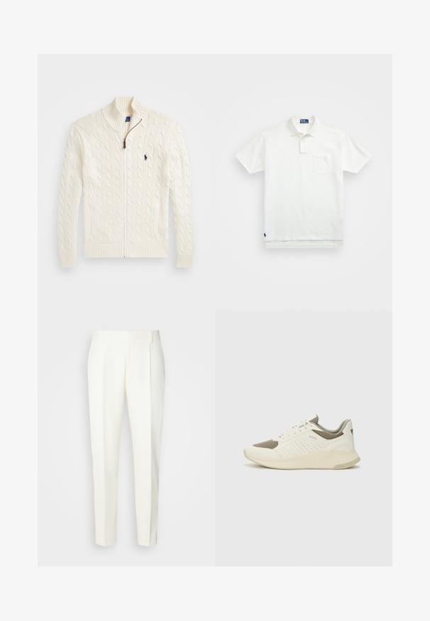 Strik hvid sweater med høj krave, kabelmønster, lynlås lukning og ribbede manchetter. Med to forreste lommer og et lille logo på brystet.; Hvid polo-shirt lavet af bomuld, med en klassisk krave, tre-knaps knaplukning og en lomme på venstre bryst; lille logo ved kanten.; Hvide, skræddersyede bukser med lige ben, der har frontfolder og en glat overflade. Ingen synlige lommer eller udsmykninger.; Hvide og lyse beige sportssko med en mesh-overdel, perforerede detaljer og en tekstureret mellemsål med branding på hælen.