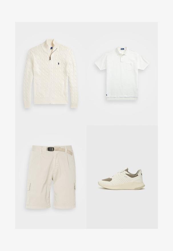 Κομμένο λευκό πουλόβερ με ψηλή κολάρο, κομμάτι καρούλας, κλείσιμο με φερμουάρ και ραμμένα μανίκια. Διαθέτει δύο μπροστινές τσέπες και ένα μικρό λογότυπο στο στήθος.; Λευκή πόλο μπλούζα από βαμβάκι, με κλασικό γιακά, τριπλή κουμπιέρα και τσέπη στο αριστερό στήθος; μικρό λογότυπο στο μανίκι.; Μπεζ κοντοπαντελόνια cargo με επίπεδο μπροστινό μέρος, θηλιές ζώνης, πιέτες, πλαϊνές τσέπες και υφή υφάσματος. Το μήκος φτάνει μέχρι το μεσαίο μηρό.; Λευκό και ανοιχτό μπεζ αθλητικό παπούτσι, με επάνω μέρος από διχτυωτό υλικό, διακοσμήσεις με περφορέ και υφή στην ενδιάμεση σόλα με επωνυμία στη φτέρνα.