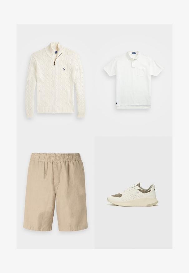 Pull en tricot blanc avec un col haut, un motif en câble, un zip sur le devant et des poignets côtelés. Doté de deux poches à l'avant et d'un petit logo sur la poitrine.; Polo shirt blanc en coton, avec un col classique, une patte de boutonnage à trois boutons et une poche sur la poitrine à gauche ; petit logo en bas.; Shorts en coton beige avec taille élastique, présentant une coupe décontractée et une texture lisse. Pas de poches visibles ni de motifs.; Basket de sport blanche et beige clair, avec une tige en maille, des détails perforés et une semelle intermédiaire texturée avec un logo sur le talon.