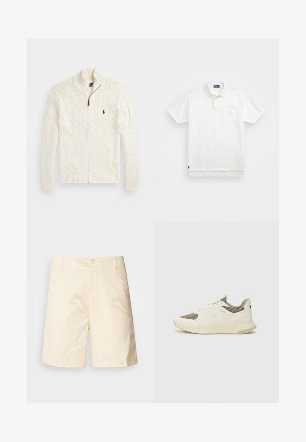Strikket hvit genser med høy krage, kabelmønster, glidelås og ribbede mansjetter. Den har to lommer foran og en liten logo på brystet.; Hvit polo skjorte laget av bomull, med klassisk krage, tre-knapps ståkrage og lomme på venstre bryst; liten logo ved kanten.; Koksshorts i lys gul med blomstermønster. Har en knaplukning, forlommer og en lige pasform med opfoldede kanter.; Hvit og lysebeige treningssko, med en mesh-overdel, perforerte detaljer og en teksturert mellomsåle med merkevare på hælen.