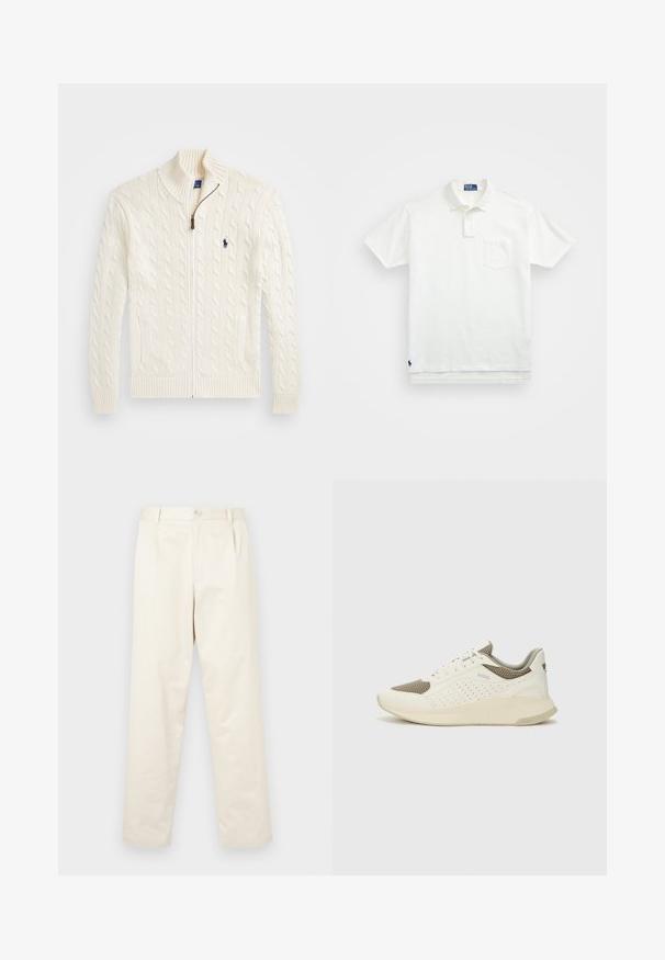 Witte gebreide trui met een hoge kraag, kabelpatroon, ritssluiting en geribde manchetten. Voorzien van twee voorzakken en een klein logo op de borst.; Witte poloshirt van katoen, met een klassieke kraag, een knoopsluiting met drie knopen en een borstzak aan de linkerkant; klein logo aan de onderrand.; Lichtbeige katoenen chinos met een rechte pijp, voorzien van een knoopsluiting en twee zijzakken. Gladde textuur zonder zichtbare patronen.; Witte en lichtbeige sport sneaker, met een bovenwerk van mesh, geperforeerde details en een gestructureerde tussenzool met branding op de hiel.