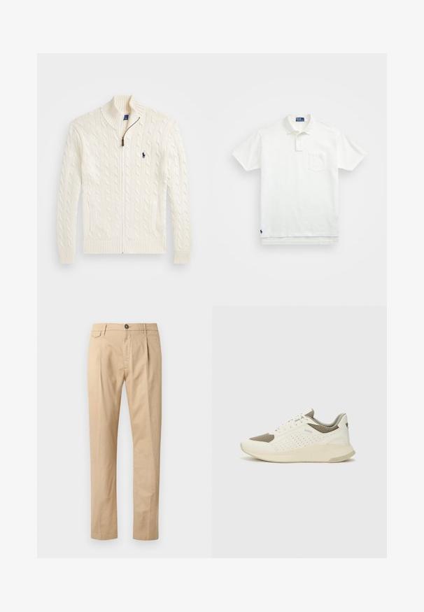 Strik hvid sweater med høj krave, kabelmønster, lynlås lukning og ribbede manchetter. Med to forreste lommer og et lille logo på brystet.; Hvid polo-shirt lavet af bomuld, med en klassisk krave, tre-knaps knaplukning og en lomme på venstre bryst; lille logo ved kanten.; Herre lige ben beige bomuldsbukser med frontlommer, bæltestropper, knaplukning og lynlås foran på en hvid baggrund.; Hvide og lyse beige sportssko med en mesh-overdel, perforerede detaljer og en tekstureret mellemsål med branding på hælen.