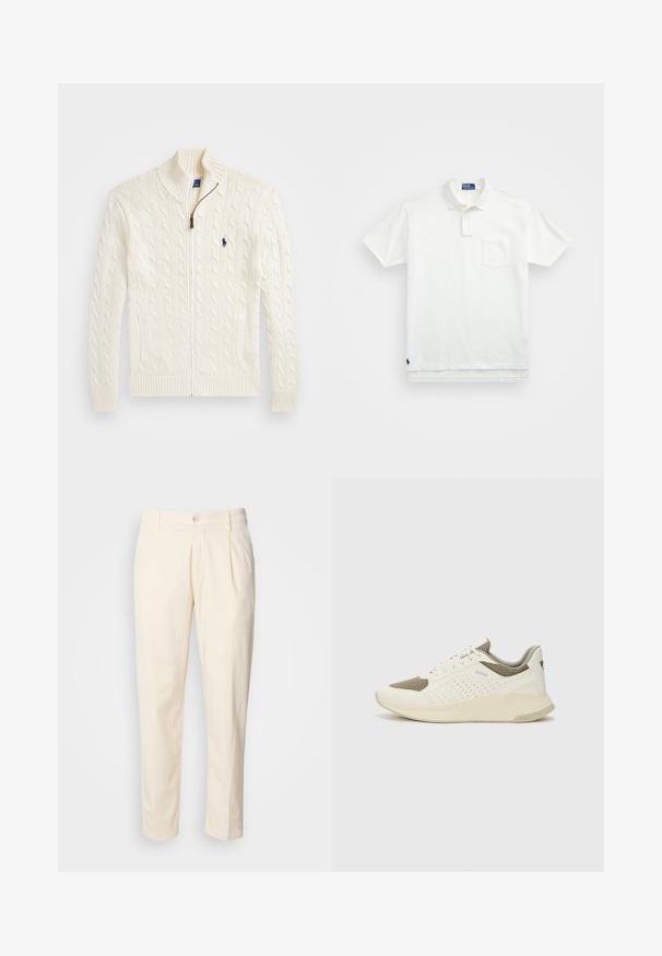 Strik hvid sweater med høj krave, kabelmønster, lynlås lukning og ribbede manchetter. Med to forreste lommer og et lille logo på brystet.; Hvid polo-shirt lavet af bomuld, med en klassisk krave, tre-knaps knaplukning og en lomme på venstre bryst; lille logo ved kanten.; Krèmfargede bomuldsbukser med lige ben-design, der har frontfolder, knaplukning og sidelommer. Glat tekstur.; Hvide og lyse beige sportssko med en mesh-overdel, perforerede detaljer og en tekstureret mellemsål med branding på hælen.