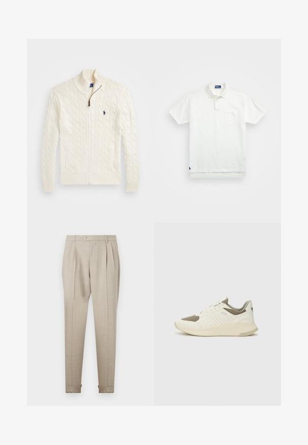 Neule valkoinen paita, jossa on korkea kaulus, palmikkokuvio, vetoketjusulku ja ribbireunat. Edessä kaksi taskua ja pieni logo rinnassa.; Valkoinen puuvillapaita, jossa on klassinen kaulus, kolmen napin malli ja vasemmalla rintatasku; pieni logo helman kohdalla.; Beige pleitattu housut, joissa on sileä pinta, etupainonappi ja käännetyt helmät. Muotoiltu istuvuus ja suorat lahkeet.; Valkoinen ja vaaleanbeige urheilukengät, joissa on verkkomateriaali yläosa, rei'itettyjä yksityiskohtia ja teksturoitu välipohja, jossa on brändäys kantapäässä.
