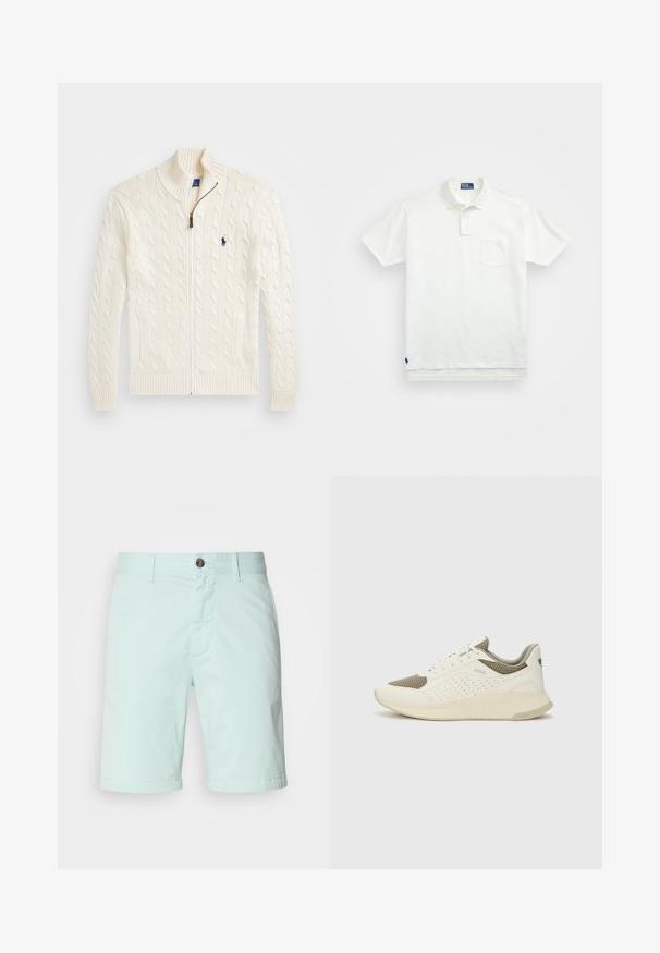 Neule valkoinen paita, jossa on korkea kaulus, palmikkokuvio, vetoketjusulku ja ribbireunat. Edessä kaksi taskua ja pieni logo rinnassa.; Valkoinen puuvillapaita, jossa on klassinen kaulus, kolmen napin malli ja vasemmalla rintatasku; pieni logo helman kohdalla.; Vaalean mintunvihreät puuvillahousut, joissa on vetoketju, nappikiinnitys ja sivutaskut. Sileä pinta ja rento muotoilu.; Valkoinen ja vaaleanbeige urheilukengät, joissa on verkkomateriaali yläosa, rei'itettyjä yksityiskohtia ja teksturoitu välipohja, jossa on brändäys kantapäässä.