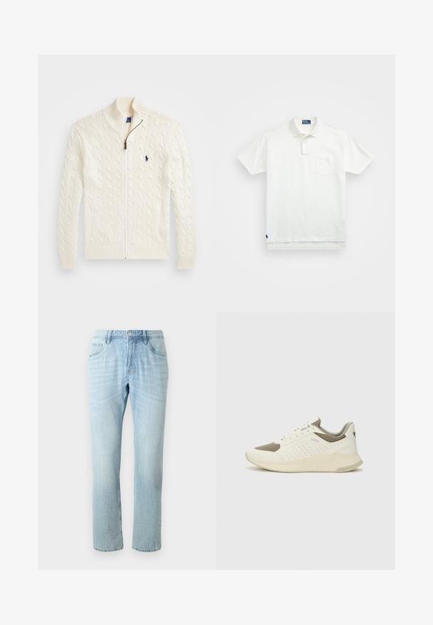 Valge kudumeste sviiter kõrge kraega, nöörmustri ja tõmblukuga, ribakätistega. Esipoolt kahte taskut ja rinna peal väike logo.; Valge polo särk, mis on valmistatud puuvillast, klassikalise kraega, kolme nööbiga kinnitusega ja vasakul rinnal taskuga; väike logo helmel.; Heledad sinine teksapüksid sirge sääre disainiga, sisaldavad viit taskut, kerget kulumist ja metallist nööpi vöökohal.; Valge ja heledat beeži värvi spordijalats, millel on õhuke võrkmaterjal, perforatsioonidega detailid ning tekstuuriga vahetald, millel on brändi logo kannaosas.