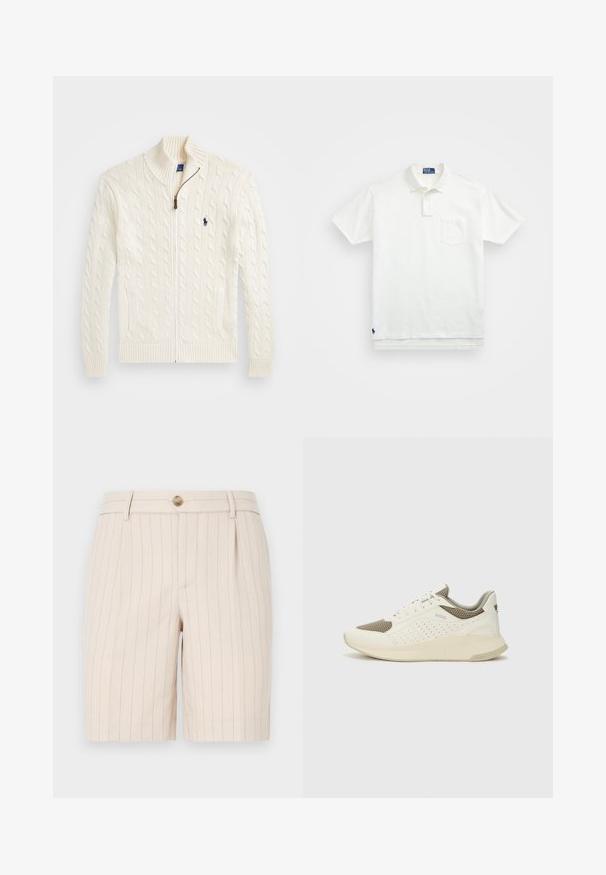 Bijela pletena majica s visokim ovratnikom, kabelskim uzorkom, patentnim zatvaračem i rebrastim manžetama. Ima dva prednja džepa i mali logotip na prsima.; Bijela polo majica napravljena od pamuka, s klasičnom ovratnikom, trodijelnim zakopčavanjem i džepom na lijevoj strani prsiju; mali logo na rubu.; Bež kratke hlače izrađene od laganog materijala, s uzorkom prugica, prednjim zatvaranjem na dugme i bočnim džepovima.; Bijele i svijetlosmeđe sportske tenisice, sa mrežastim gornjim dijelom, perforiranim detaljima i teksturiranim međutrakom sa brendom na peti.