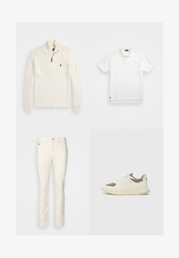 Adīta balta džemperis ar augstu apkakli, acu rakstu, ar rāvējslēdzēju un ribotām piedurknēm. Izgatavots ar divām priekšējām kabatām un mazu logotipu uz krūtīm.; Balta polo krekls, izgatavots no kokvilnas, ar klasisku apkakli, trīs pogu aizdari un kreisajā krūtī kabatu; neliels logo apakšmalā.; Baltas taisnās kājas bikses, kas izgatavotas no gludas kokvilnas auduma. Tās ir aprīkotas ar pogu aizdari, jostu cilpām un priekšējām kabatām. Minimāls dizains bez rakstiem.; Baltas un gaiši bež sporta apavi, ar sieta augšdaļu, perforētiem detaļām un teksturētu vidusdaļu ar zīmolu uz papēža.