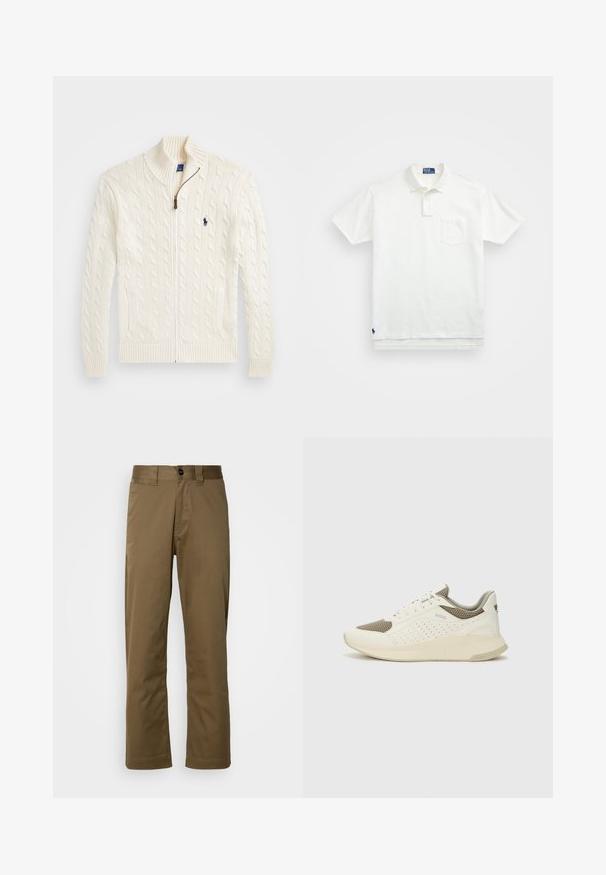 Pletena bela jopica z visokim ovratnikom, kabelskim vzorcem, zadrgo in rebrastimi manšetami. Ima dva sprednja žepa in majhno logotip na prsih.; Bela polo majica iz bombaža, z klasičnim ovratnikom, trojnim gumbom in žepom na levi strani prsnega predela; majhna blagovna znamka na robu.; Rjave hlače ravnih nogavic iz tkanine. Imajo gumbasto zapiranje, stranske žepke in gladko teksturo. Prilagojen kroj.; Beli in svetlo bež športni copat, s mrežastim zgornjim delom, perforiranimi detajli in teksturirano srednjim delom z blagovno znamko na peti.